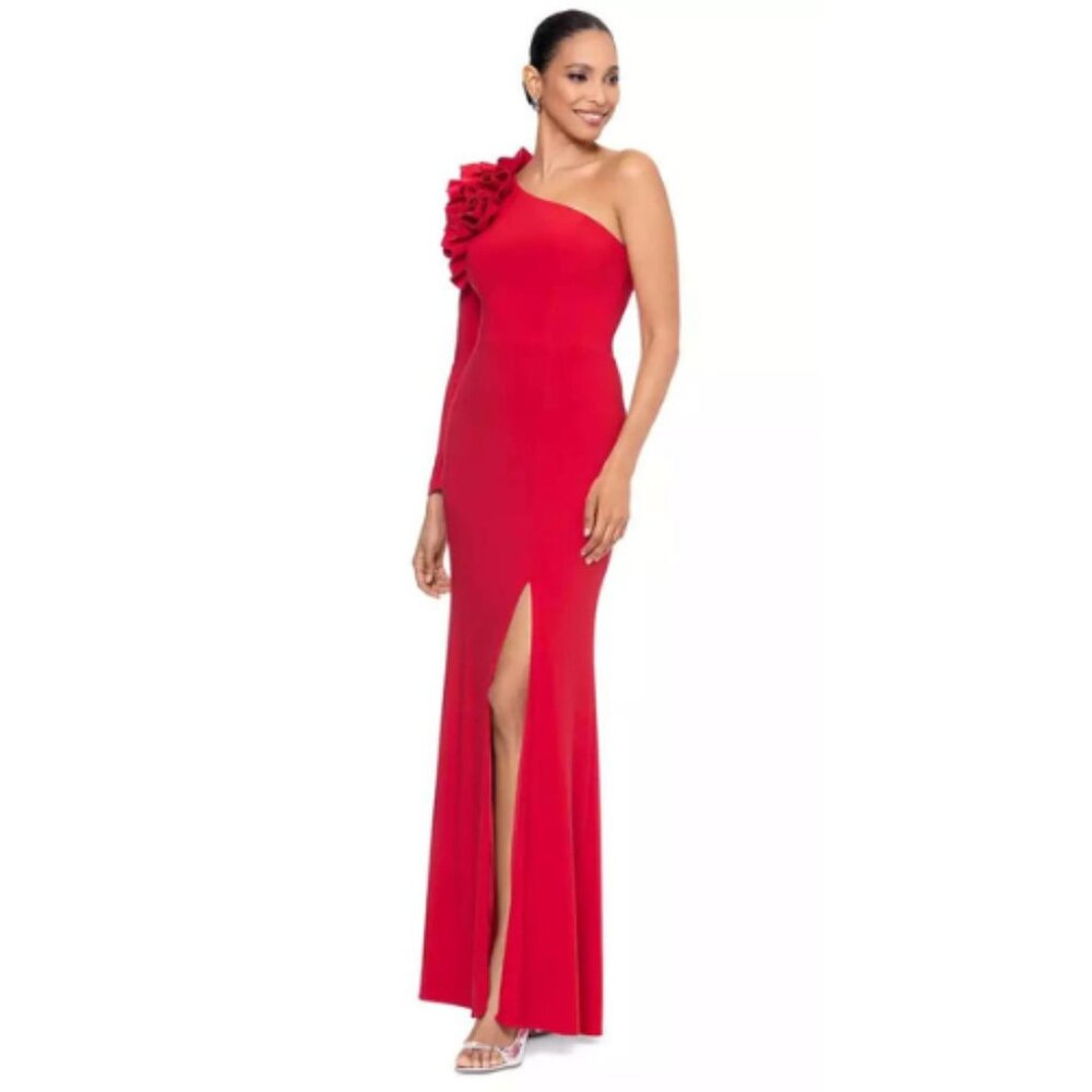 Xscape Red Ruffle Asymmetric Evening Gown Event Formal Cocktail Wedding Size 6